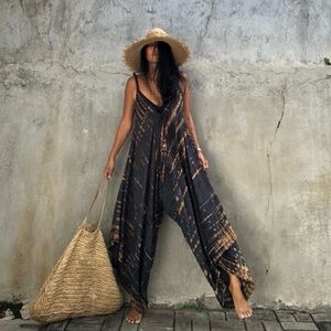 **SOLD** Bohemian Black & Orange Tie-Dye Drop Crotch Wide Leg Jumpsuit. One Size